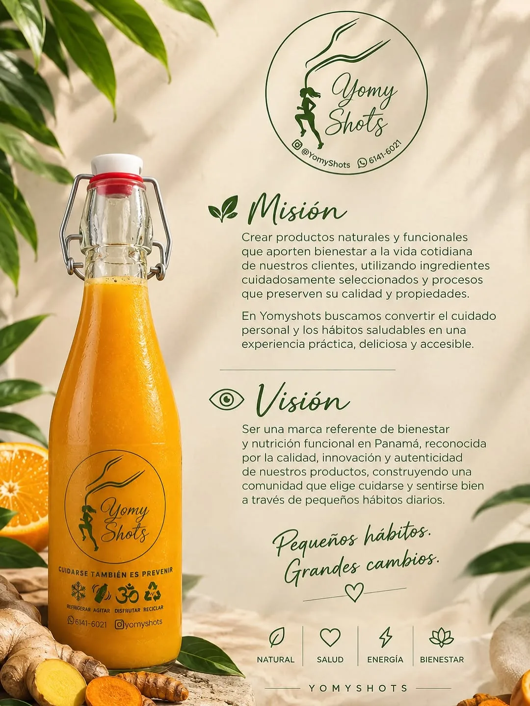 Botella de shot natural Yomy Shots con jengibre, cúrcuma y naranja