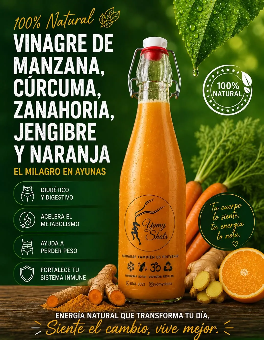 Shot natural de jengibre, zanahoria y cúrcuma Yomy Shots
