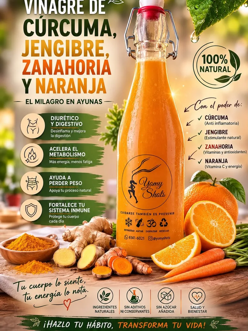 Botella de shot de cúrcuma, jengibre, zanahoria y naranja con ingredientes frescos alrededor